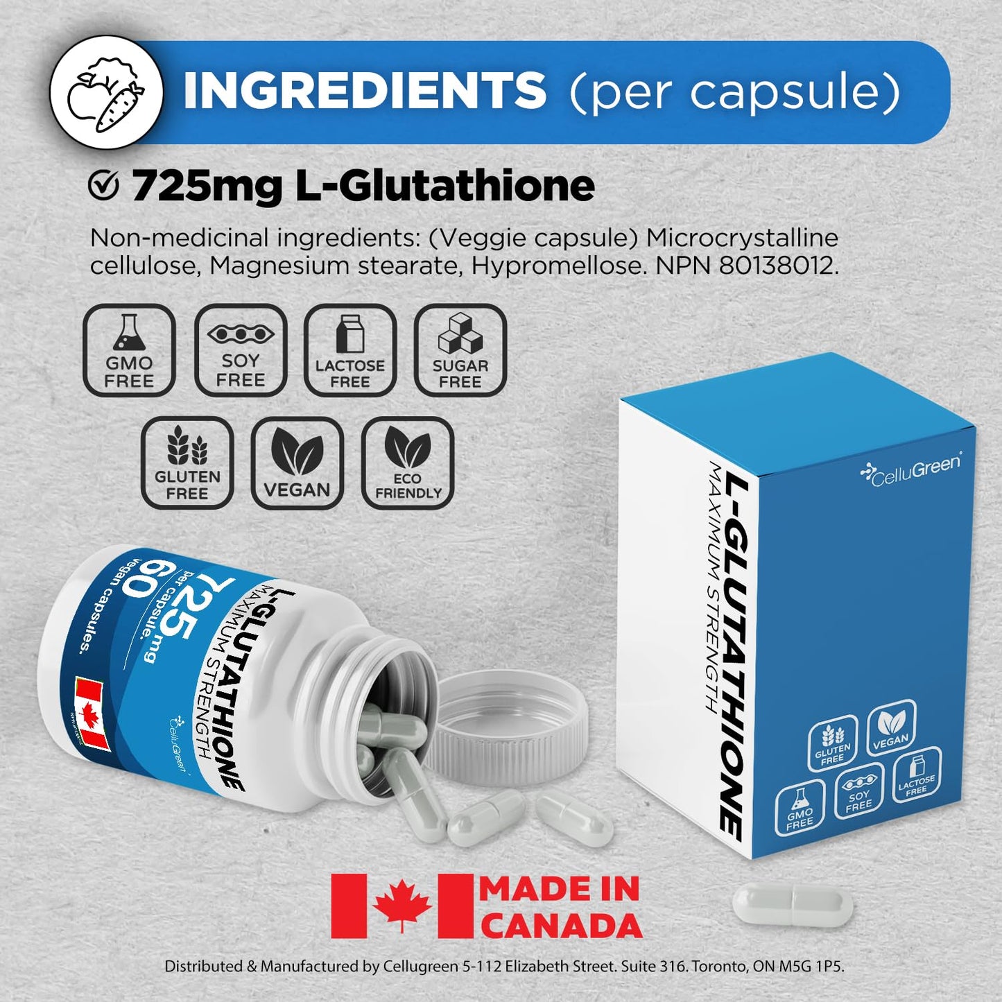CelluGreen 725mg L-Glutathione MOST POWERFUL AVAILABLE Antioxidant Support for Cellular Health, Liver Detox, Skin & Immune Health, Vegan, Made in Canada. 60 Capsules - Available at All In One Marketplace Canada