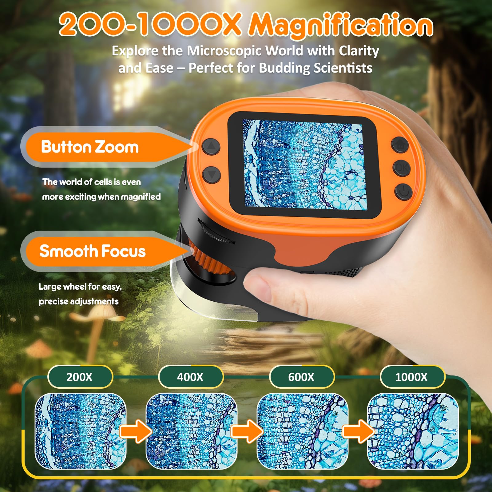 1000X Handheld Digital Microscope for Kids - 4K 2.0" Screen, Rechargeable Mini Labster Portable Pocket Scope, Includes Slides Kit - Science Gadget Edu Boy Girls Gift Ages 4-12