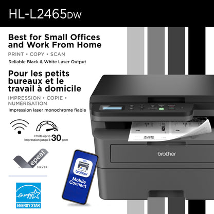 Brother HL-L2465DW Monochrome Laser Printer with Wireless Connectivity All-in-One Print, Copy and Scan Functions for Home and Office Use - Compact Design Brother