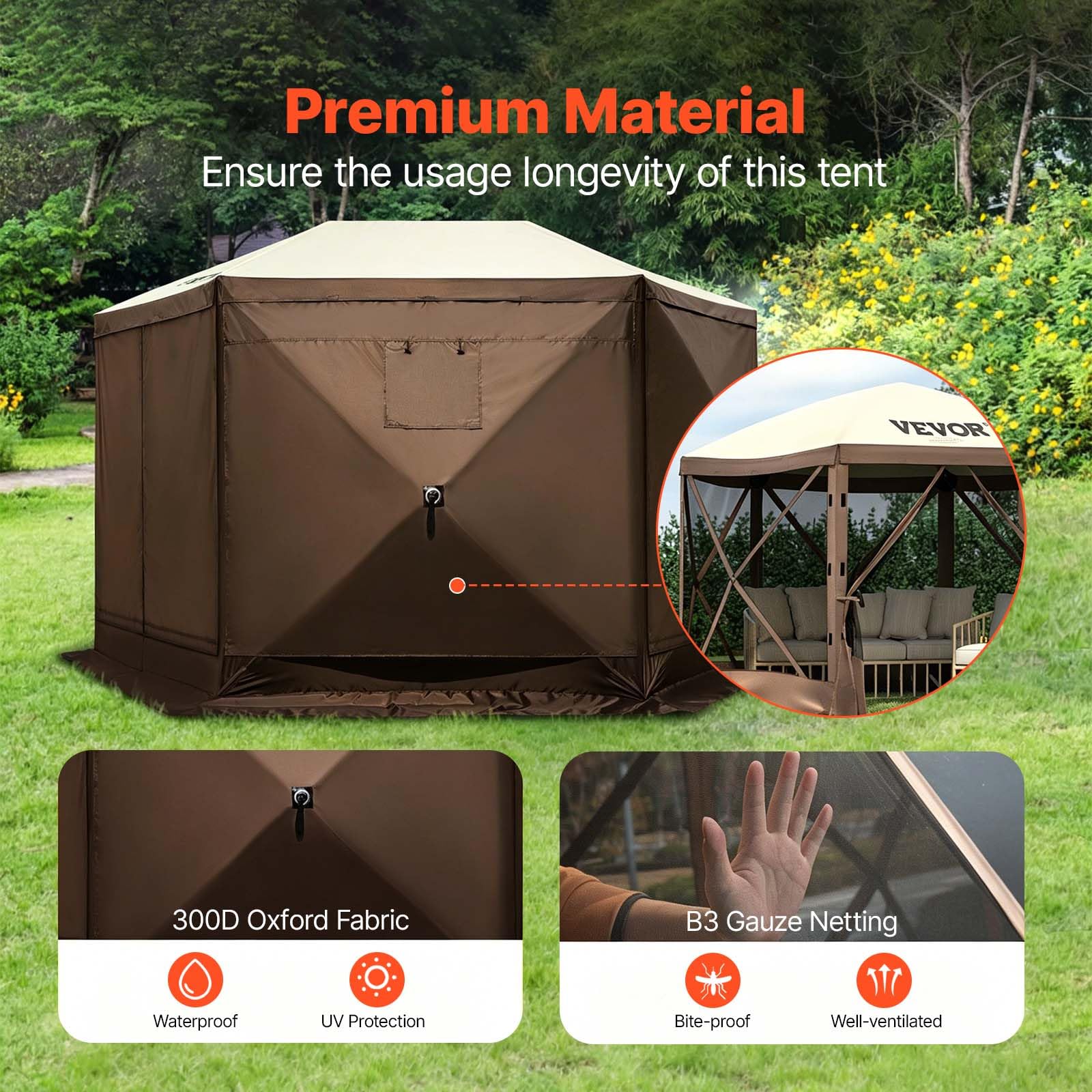 VEVOR Camping Gazebo Tent, 12'x12', 6 Sided Pop-up Canopy Screen Tent for 8 Person Camping, IPX3 Water-Resistant Screen Shelter w/Portable Storage Bag, Ground Stakes, Mesh Windows, Brown & Beige