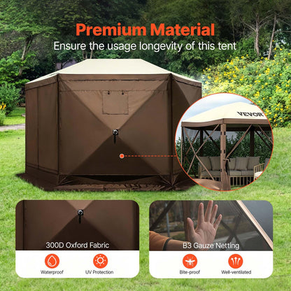 VEVOR Camping Gazebo Tent, 12'x12', 6 Sided Pop-up Canopy Screen Tent for 8 Person Camping, IPX3 Water-Resistant Screen Shelter w/Portable Storage Bag, Ground Stakes, Mesh Windows, Brown & Beige