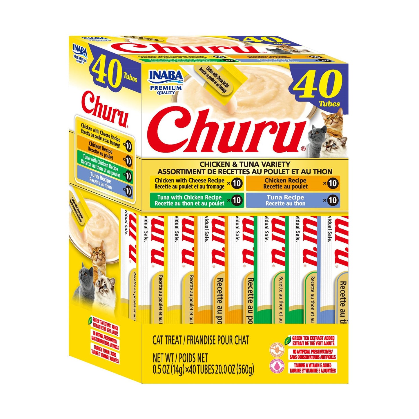 INABA Churu Cat Treats, Lickable, Squeezable Creamy Purée Cat Treat with Green Tea Extract & Taurine, 14g Each Tube, 40 Tubes, Chicken & Tuna Variety 🍁 All In One Marketplace Canada