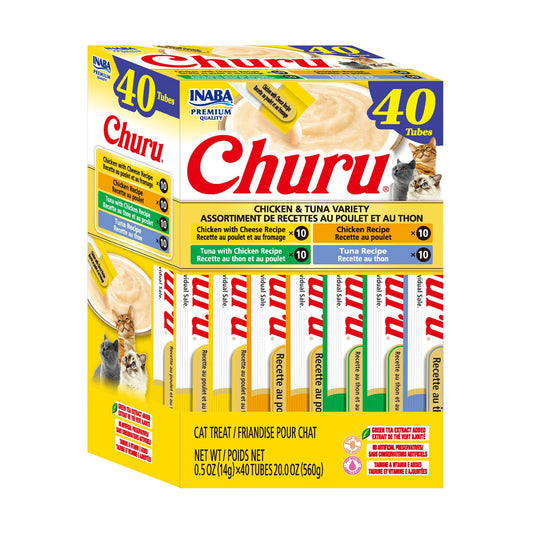 INABA Churu Cat Treats, Lickable, Squeezable Creamy Purée Cat Treat with Green Tea Extract & Taurine, 14g Each Tube, 40 Tubes, Chicken & Tuna Variety 🍁 All In One Marketplace Canada INABA
