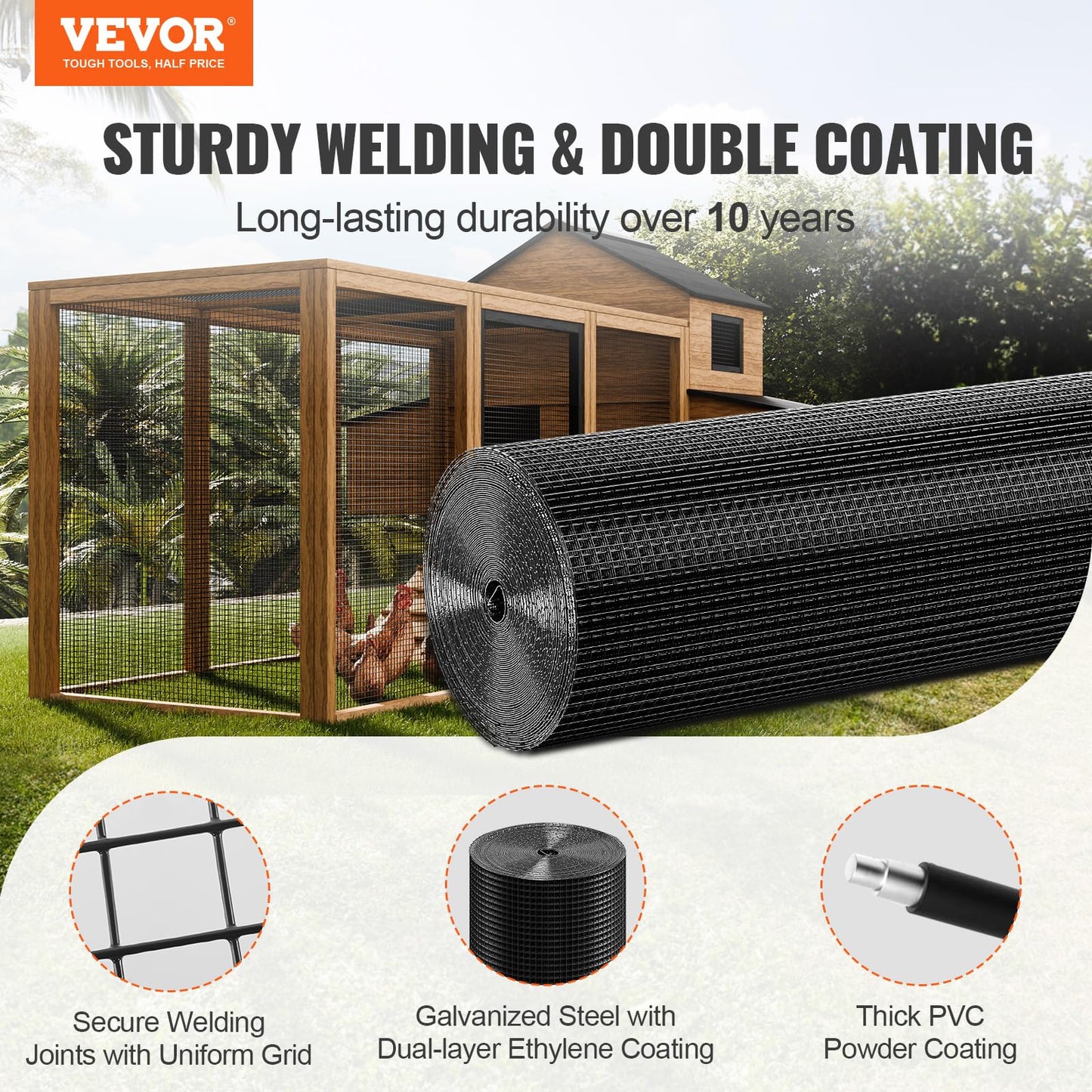VEVOR Hardware Cloth, 48'' x 50' Galvanized Wire Mesh Roll, 19 Gauge Chicken Wire Fence Roll, Vinyl Coating Metal Wire Mesh for Chicken Coop Barrier, Rabbit Snake Fences, Poultry Enclosures VEVOR