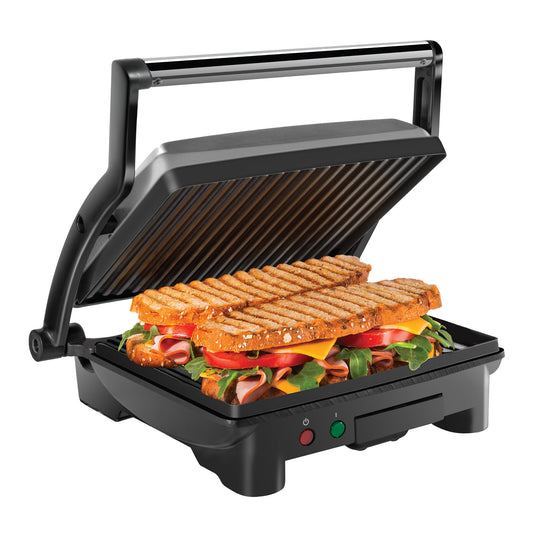 Chefman Panini Press Grill and Gourmet Sandwich Maker, Non-Stick Coated Plates, Opens 180 Degrees to Fit Any Type or Size of Food, Stainless Steel Surface and Removable Drip Tray - 4 Slice - Available at All In One Marketplace Canada