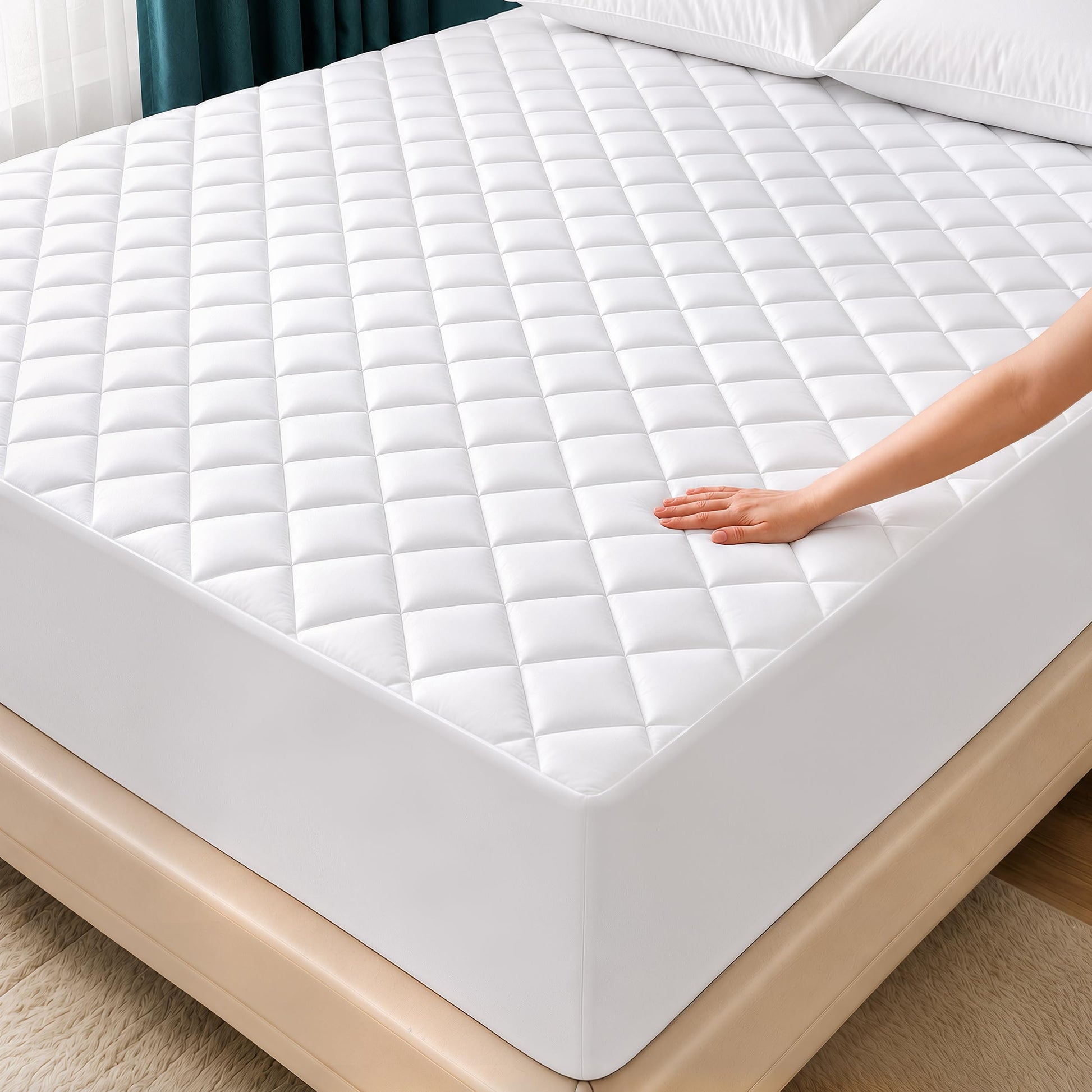 Utopia Bedding Quilted Fitted Mattress Pad, Queen Size, Elastic Fitted Mattress Topper Protector and Cover Stretches up to 16 Inches Deep, Machine Washable (White)