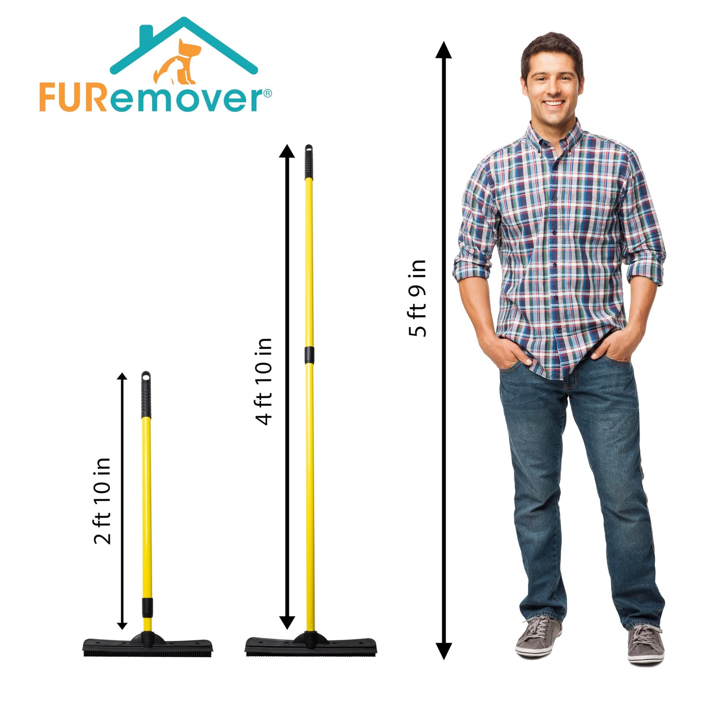 FURemover Broom SW-250I-AMZ-6, Pet Hair Removal Tool with Squeegee & Telescoping Handle That Extends from 3-5', Black & Yellow,1 Count (Pack of 1) FURemover