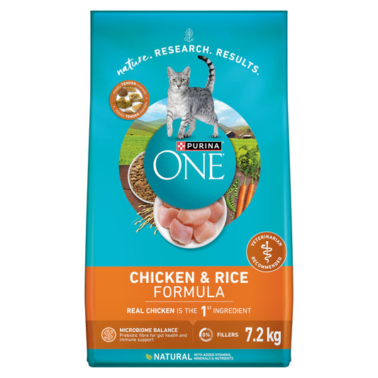 Purina ONE Dry Cat Food, Chicken & Rice Formula - 7.2 kg Bag