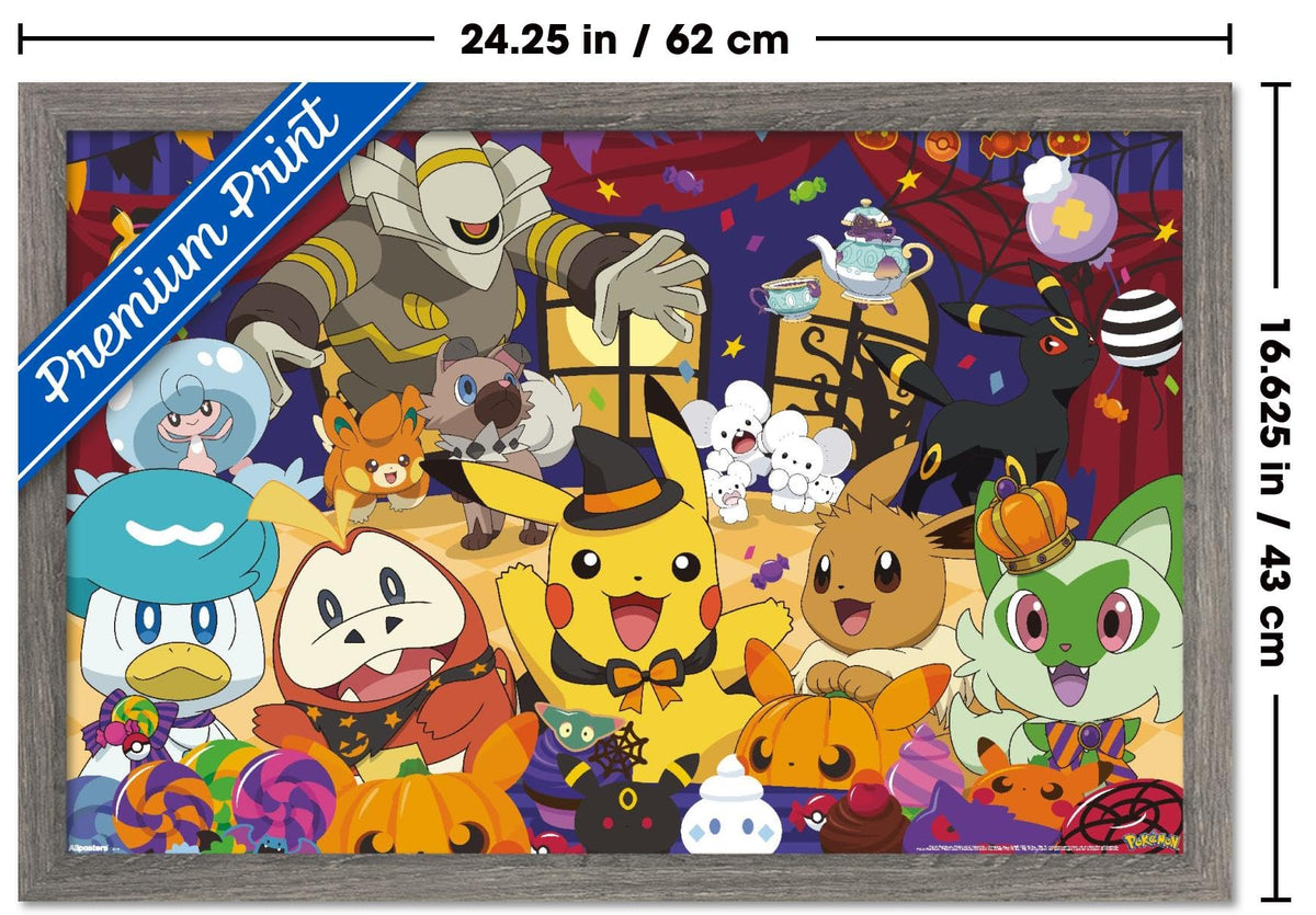 Pokémon: Halloween Party- Group Wall Poster, 22.4L" x 14.7W", Barnwood Framed Version