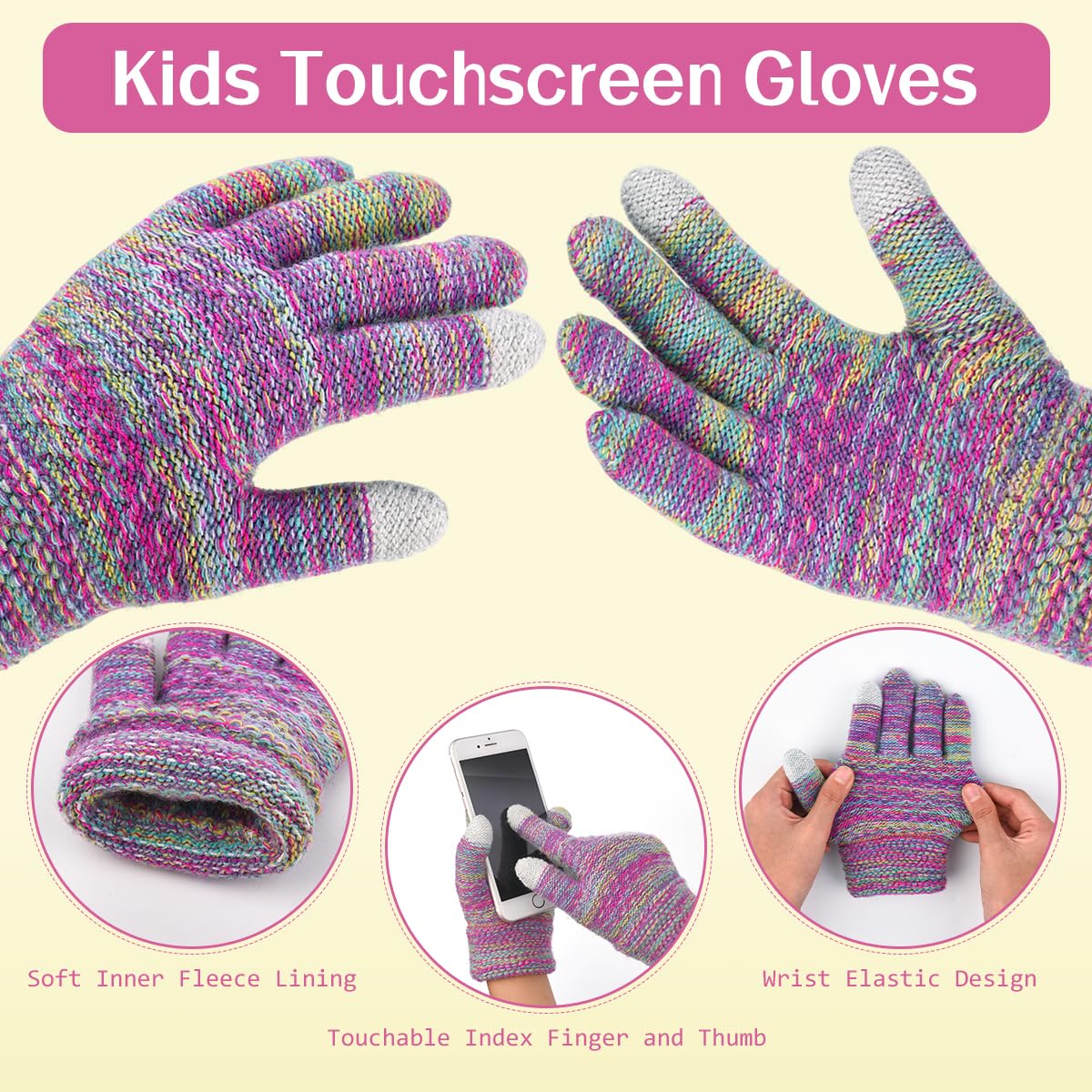 KIRAAT Kids Winter Pom Beanie Hat Scarf Gloves Set,Toddler Girls Boys Warm Knitted Fleece Lining Slouchy Cap for 3-10 Years Rainbow 🍁 All In One Marketplace Canada
