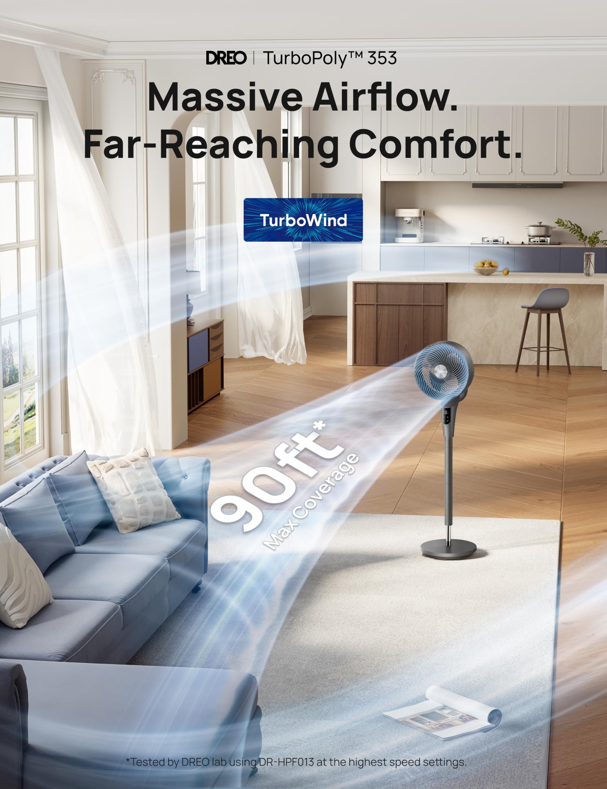DREO Fan for Bedroom, 90° Oscillating Standing Fan, 20dB Quiet, 90ft Pedestal Fans for Room Office, DC Motor, 8+H Speeds, 3 Modes, 38-42'' Adjustable Height, Remote, 8H Timer, 105° Manual Vertical