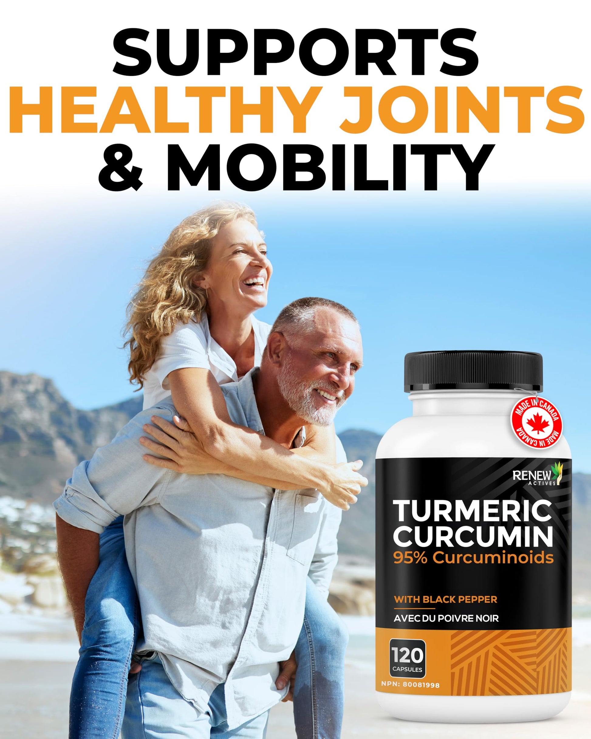 RENEW ACTIVES Turmeric Curcumin – Ultra Potent 95% Curcuminoids with BioPerine Black Pepper for Maximum Absorption – Supports Joint Health, Mobility, Digestion & Liver – Made in Canada – 120 Capsules