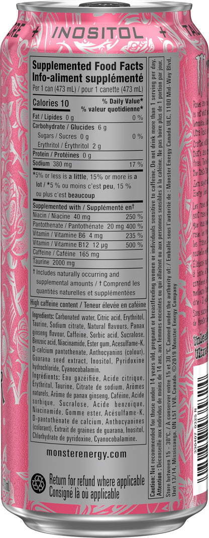 MONSTER ENERGY, Ultra Rosa, 473 mL Cans (12 Pack) – Zero Sugar Energy Drink