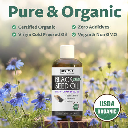 Organic Black Seed Oil | Cold Pressed Pure Black Cumin Seed Oil | Antioxidant, Blood Sugar & Liver Support | 100% Pure, Virgin Nigella Sativa | Zero Additives, Vegan & Non-GMO | 240ml (8 oz.) - Available at All In One Marketplace Canada