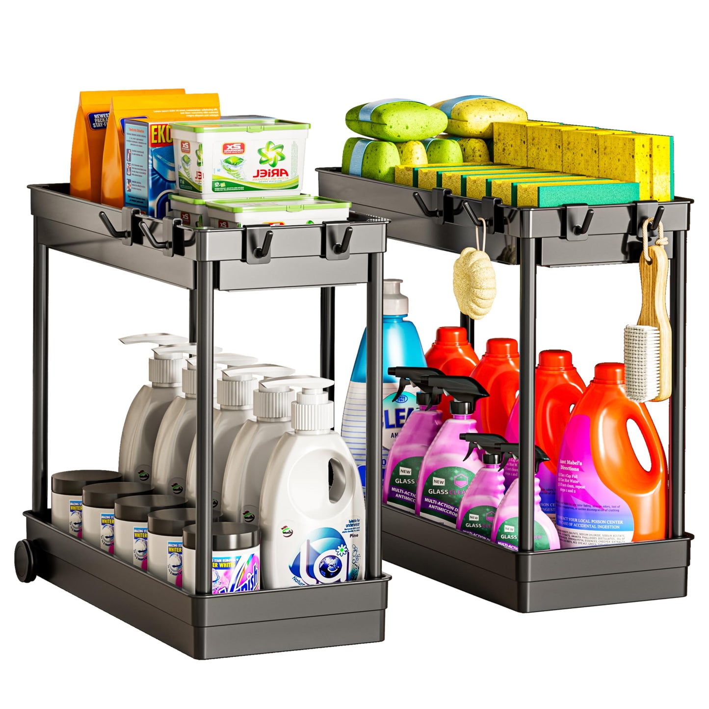 Cicilyna 2 Pack Under Sink Organizer, 2 Tier Bathroom Cabinet Organizers and Storage with Hook, Multi-purpose Storage Basket Shelf for Kitchen, Black - Available at All In One Marketplace Canada