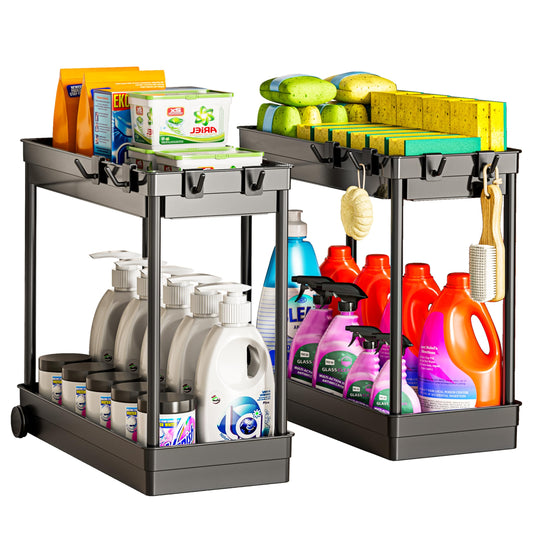 Cicilyna 2 Pack Under Sink Organizer, 2 Tier Bathroom Cabinet Organizers and Storage with Hook, Multi-purpose Storage Basket Shelf for Kitchen, Black - Available at All In One Marketplace Canada