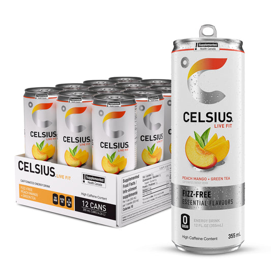 CELSIUS Fizz Free Peach Mango, Zero Sugar Energy Drink, 335ml Cans (Pack of 12) - Available at All In One Marketplace Canada