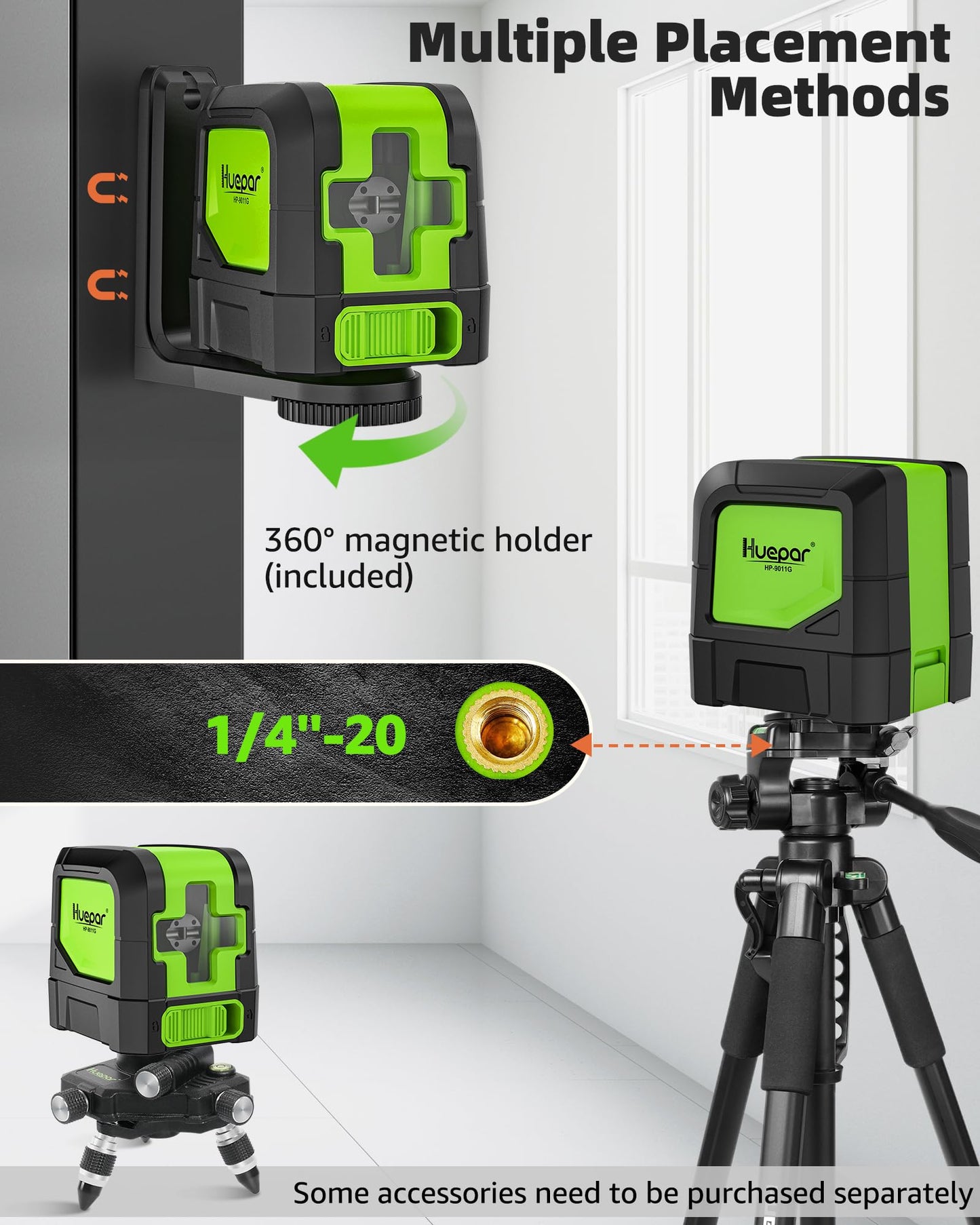 Huepar Laser Level Self Leveling, Classical Cross Line Indoor DIY Use Green Lines, 100Ft Visibility Horizontal and Vertical Line Level, 360° Magnetic Pivoting Base 9011G - Available at All In One Marketplace Canada