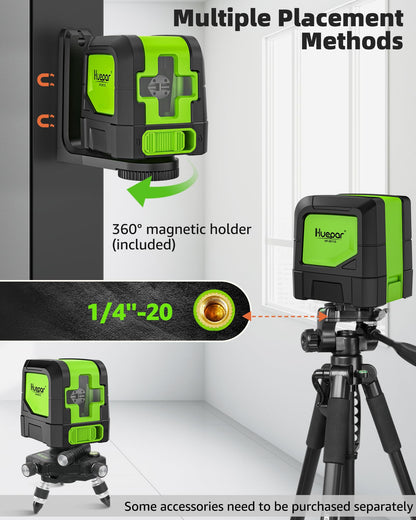 Huepar Laser Level Self Leveling, Classical Cross Line Indoor DIY Use Green Lines, 100Ft Visibility Horizontal and Vertical Line Level, 360° Magnetic Pivoting Base 9011G - Available at All In One Marketplace Canada