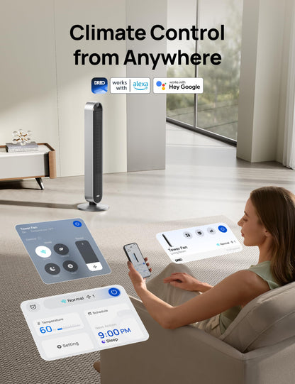 DREO Pilot Max 120° Oscillating Tower Fan, 42 Inch Bladeless Fan for Bedroom, 25dB Quiet DC Motor, Standing Fan with Remote, 12 Hyper Wind Speeds, 4 Modes, 12H Timer Floor Fans for Home Living Room DREO