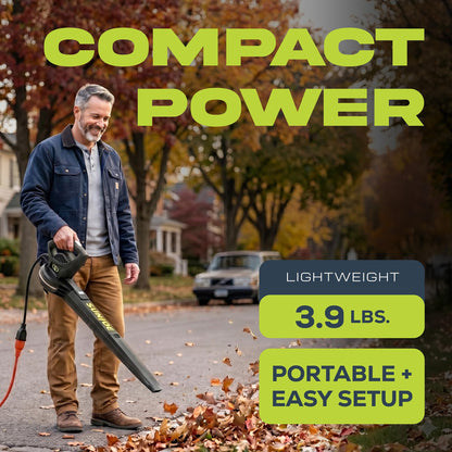 Sun Joe SBJ597E All-Purpose Electric Leaf Blower, 6-Amp Motor, 155 MPH, 260 CFM, Black - Lightweight & Compact, One-Hand Operation for Yards, Porches, Patios, Walkways, Decks, Garage & Light Snow Sun Joe