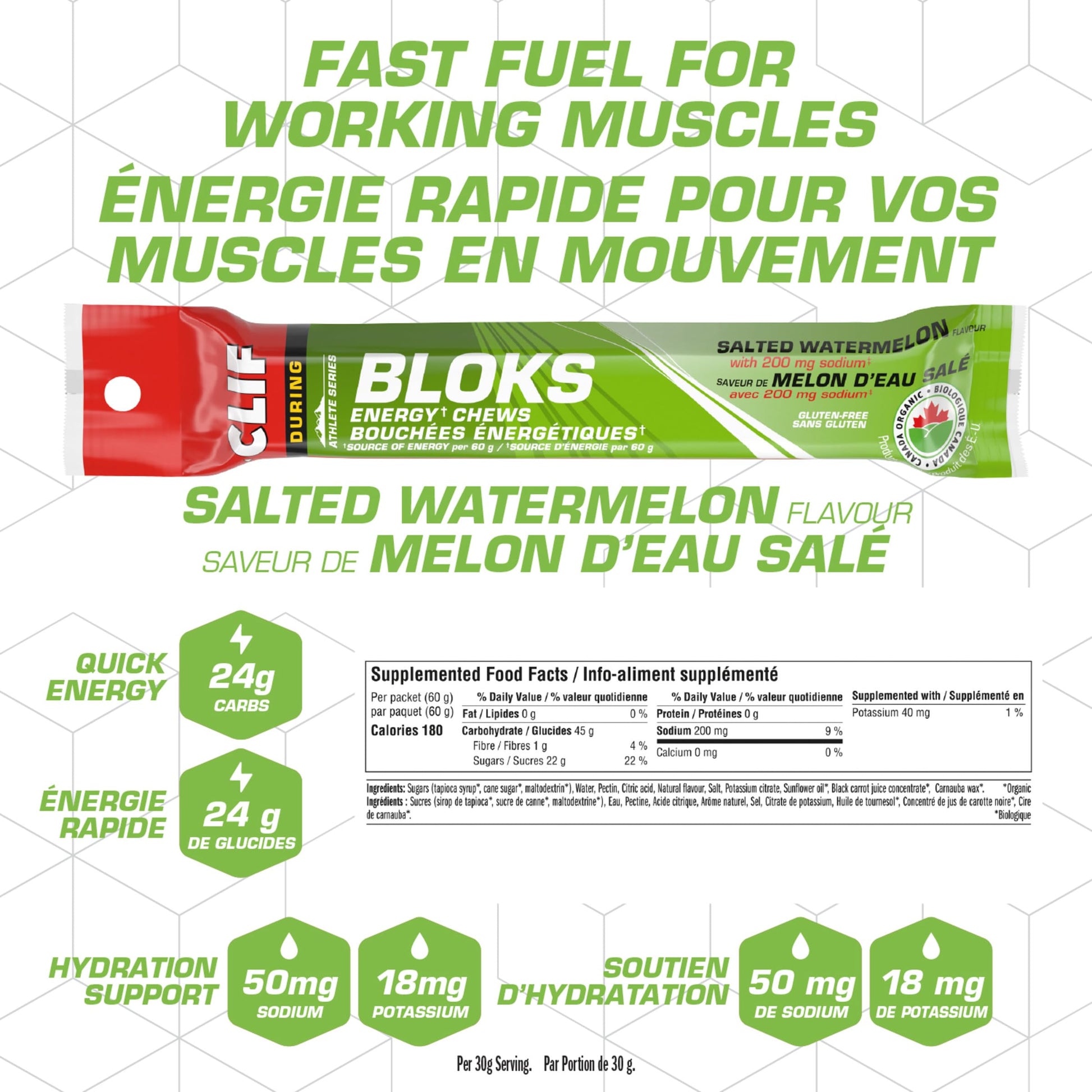 CLIF BLOKS Energy Chews, Salted Watermelon flavour, Gluten Free, Organic, No Artificial Flavours, 60 g (Pack of 18) - Available at All In One Marketplace Canada