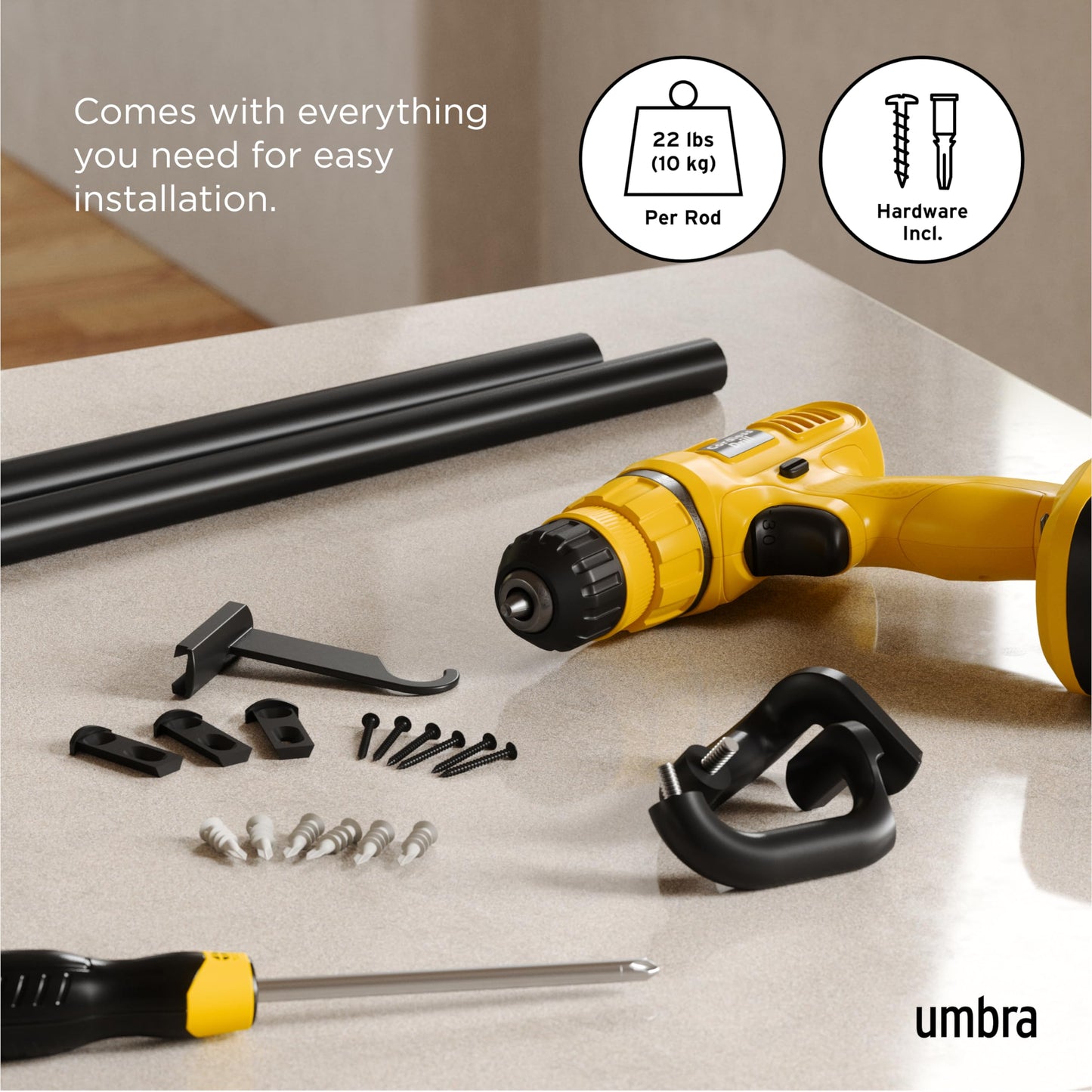 Umbra Twilight Curtain Rod Set – Wrap Around Design Ideal for Blackout or Room Darkening Panels, 30 to 84 Inches, Black Umbra