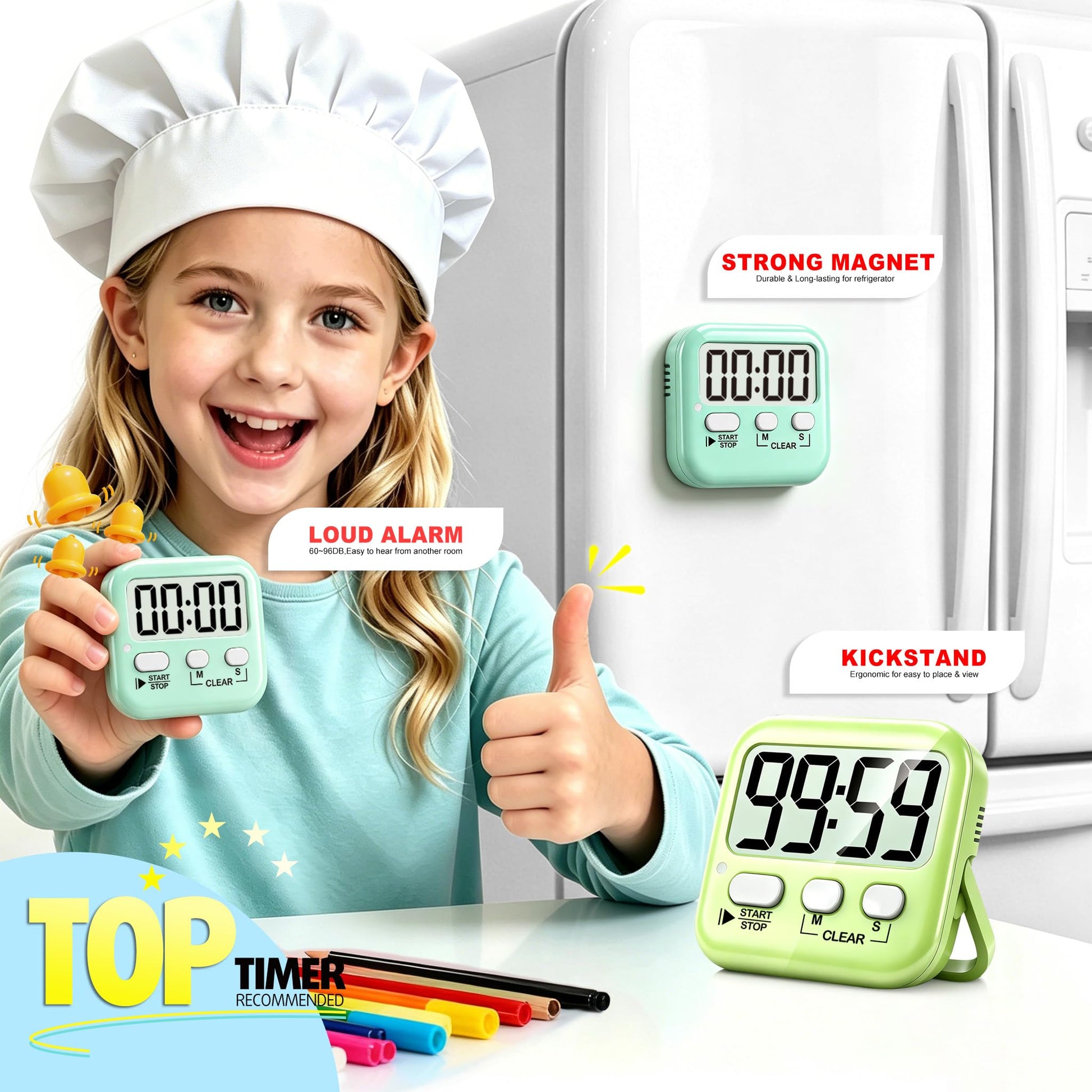 Antonki 2-Pack Kitchen Timer for Cooking, Digital Timer for Kids Teacher Study Classroom, Magnetic Countdown Minuteur for Egg Baking Oven Exercise - Battery Included