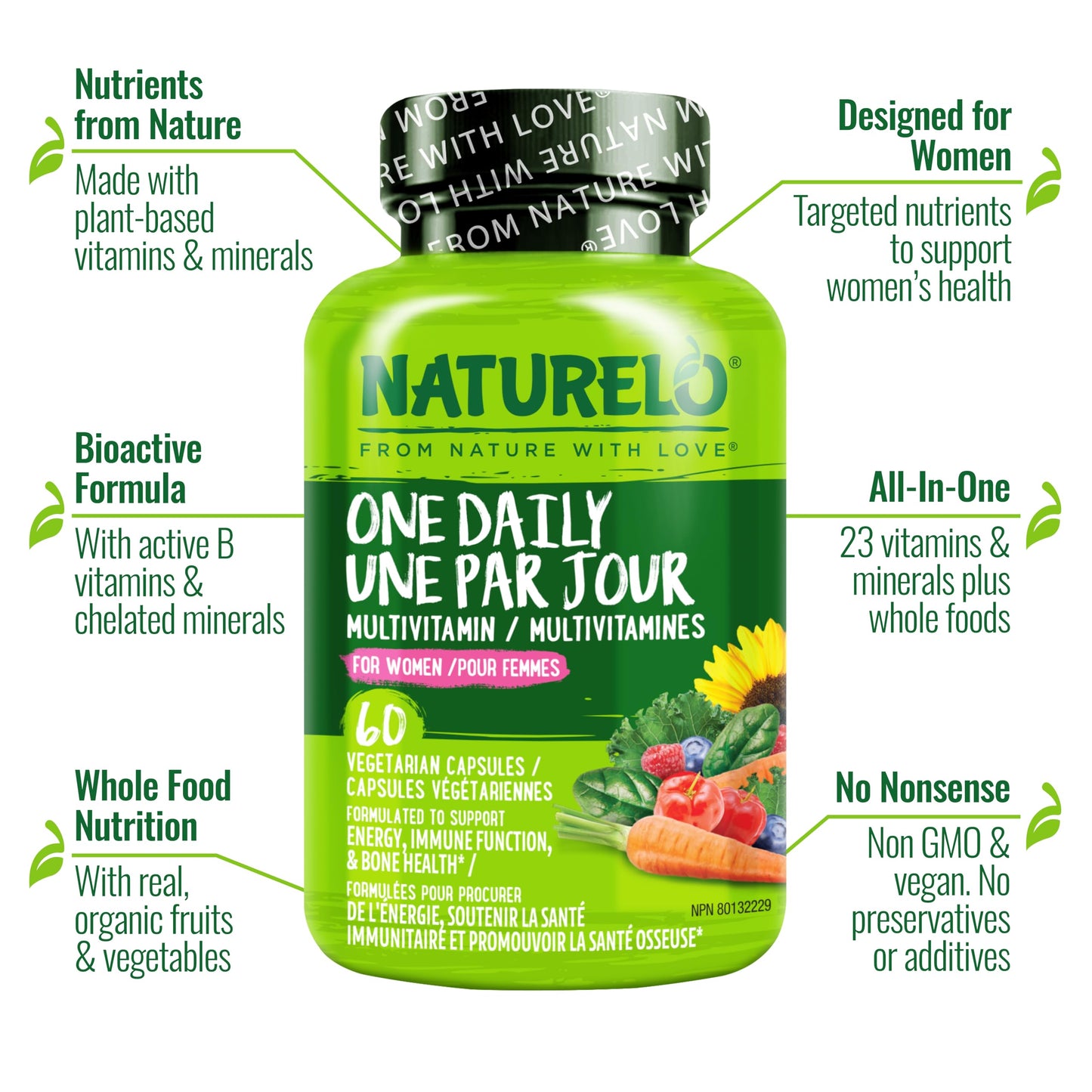 NATURELO One Daily Multivitamin for Women w/Vitamin B12, 60 Ct, Energy Support, Whole Food Daily Women Multivitamin Supplement, Nourish Hair/Skin/Nail, Non-GMO, No Soy, Gluten Free, 2 Month Supply - Available at All In One Marketplace Canada