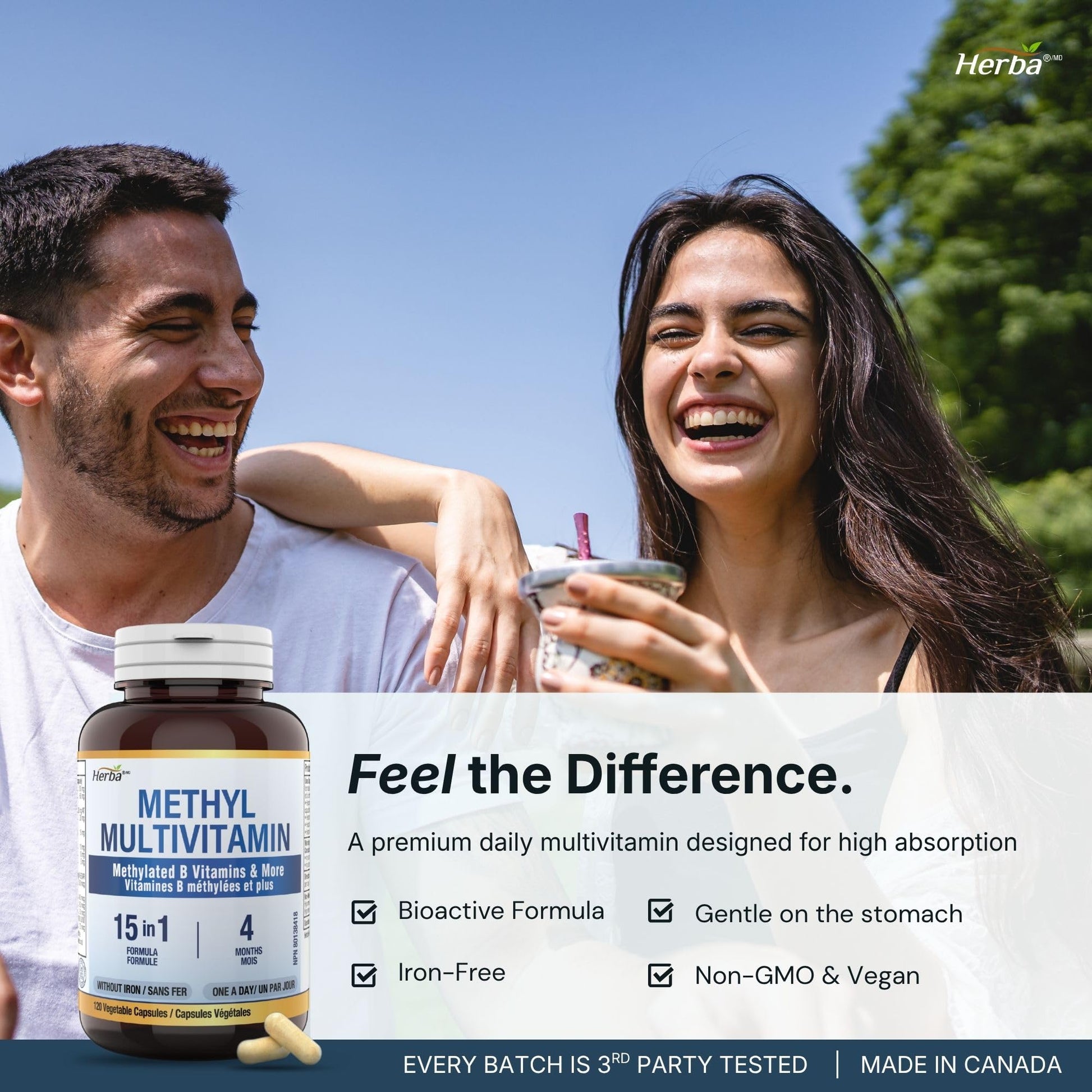 Herba Methylated Multivitamin with 500mg TMG & Methylated B Complex - 120 Capsules | 15 in 1 Formula | B Complex Vitamins for Women & Men including Methyl Folate Supplement | Vegan | Made in Canada - Available at All In One Marketplace Canada