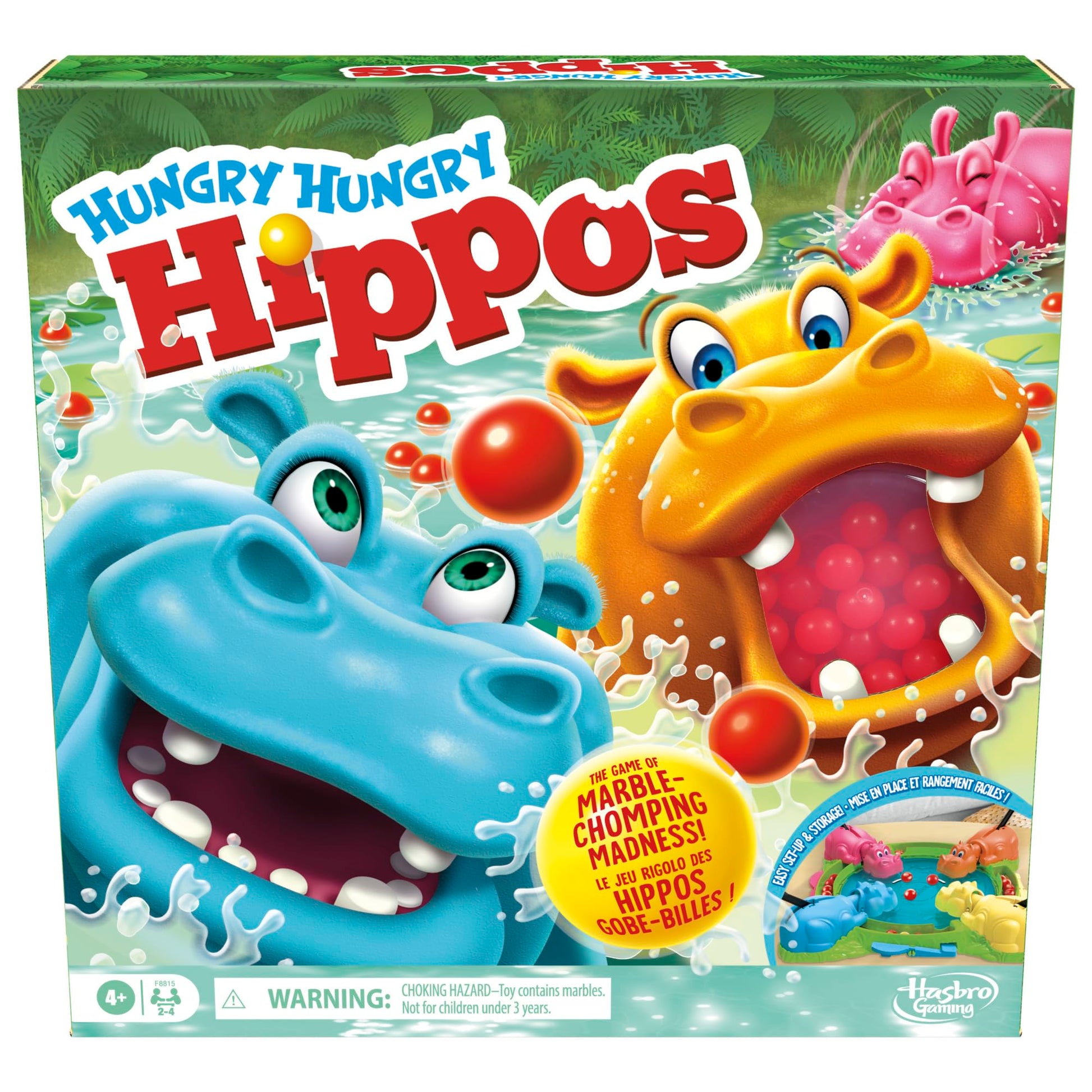 Hungry Hungry Hippos Game for Preschoolers | with Instant Marble Relaunch, Easy Set-Up & Storage| Ages 4 and Up | for 2 to 4 Players | Kids Games (English & French) Hasbro
