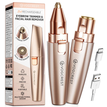 VG VOGCREST Eyebrow Facial Trimmer: 2 in1 Rechargeable Facial Hair Removal and Eyebrow Shaver - Face Lips Body Painless Facial Razor with Built-in LED Light (Rose Gold) - Available at All In One Marketplace Canada