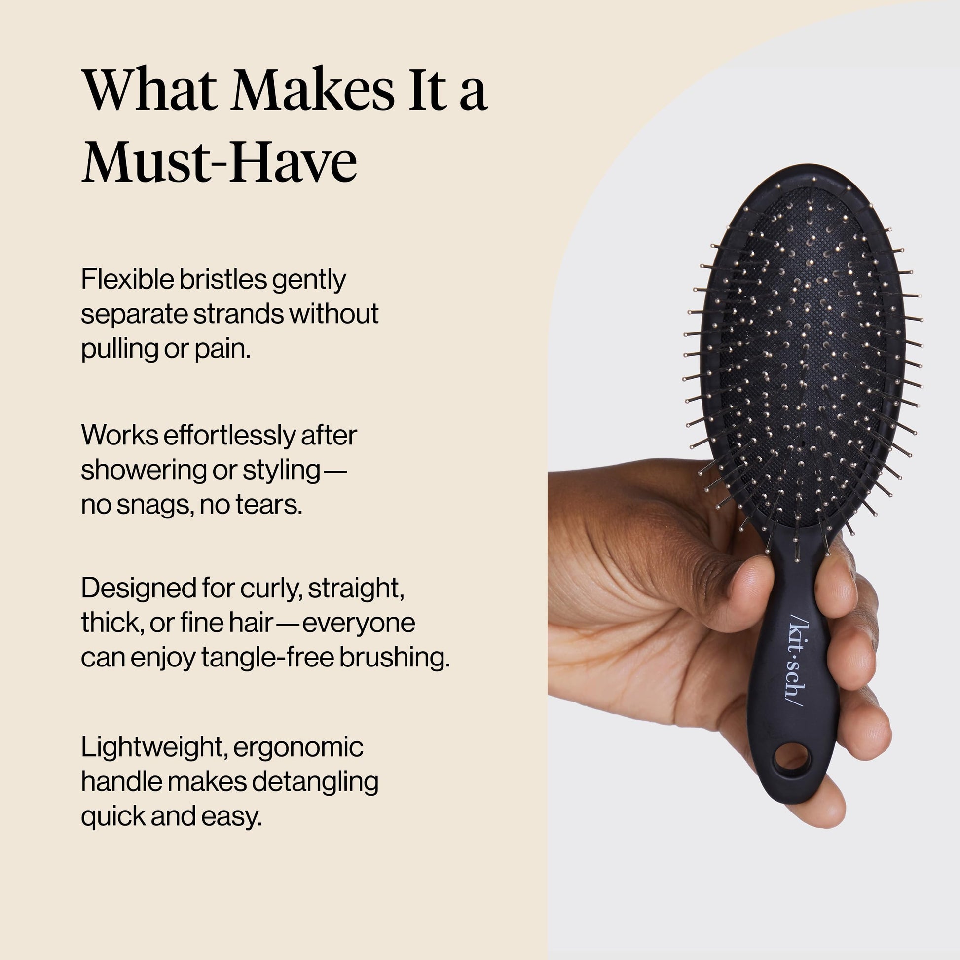 Kitsch Recycled Plastic Wet/Dry Hair Brush, Detangling Tool for Curly or Straight Styles, Brush for Tangled Strands, Flexible Hairbrush Bristles, Brushes for Women & Men, Adults & Kids - Black