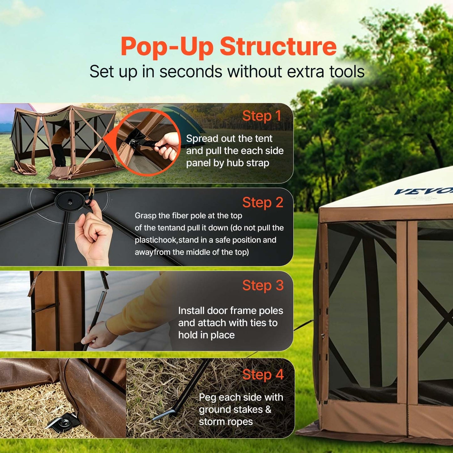 VEVOR Camping Gazebo Tent, 12'x12', 6 Sided Pop-up Canopy Screen Tent for 8 Person Camping, IPX3 Water-Resistant Screen Shelter w/Portable Storage Bag, Ground Stakes, Mesh Windows, Brown & Beige