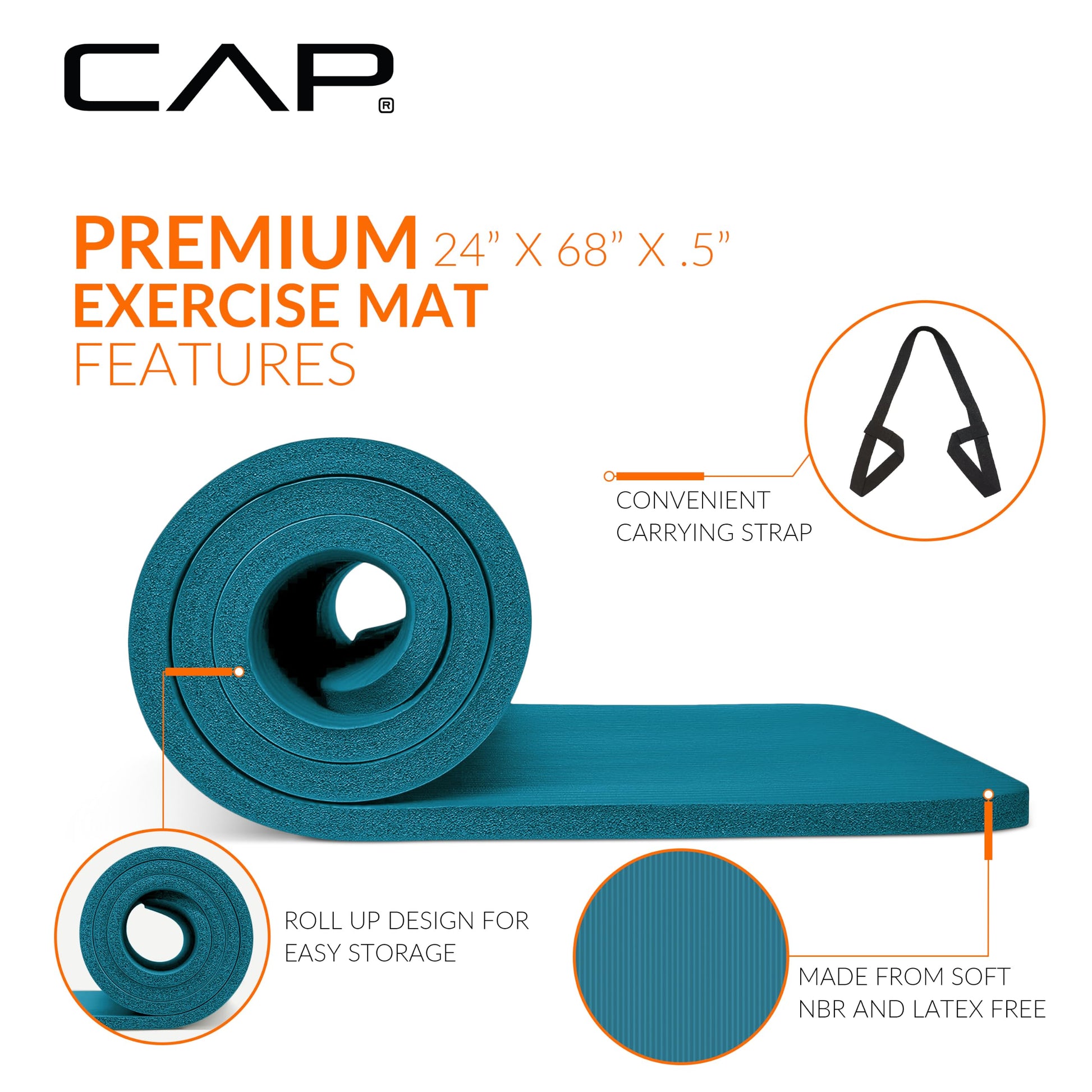 CAP Barbell High Density Exercise Yoga Mat with strap, 68"x24" 12mm - Teal