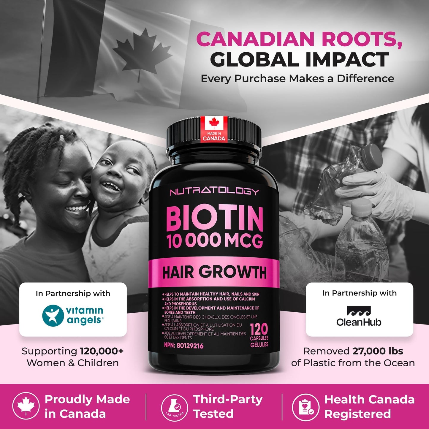 Biotin 10000MCG Hair Vitamins For Hair Growth Women | Canadian-Made | Promotes Healthy Skin & Nail Growth - Supports Muscle Function - Biotin Supplement - Hair Growth Products for Women - 120 capsules - Available at All In One Marketplace Canada