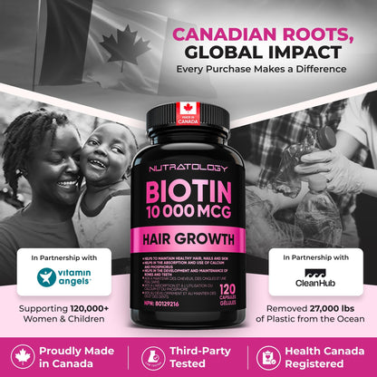 Biotin 10000MCG Hair Vitamins For Hair Growth Women | Canadian-Made | Promotes Healthy Skin & Nail Growth - Supports Muscle Function - Biotin Supplement - Hair Growth Products for Women - 120 capsules - Available at All In One Marketplace Canada