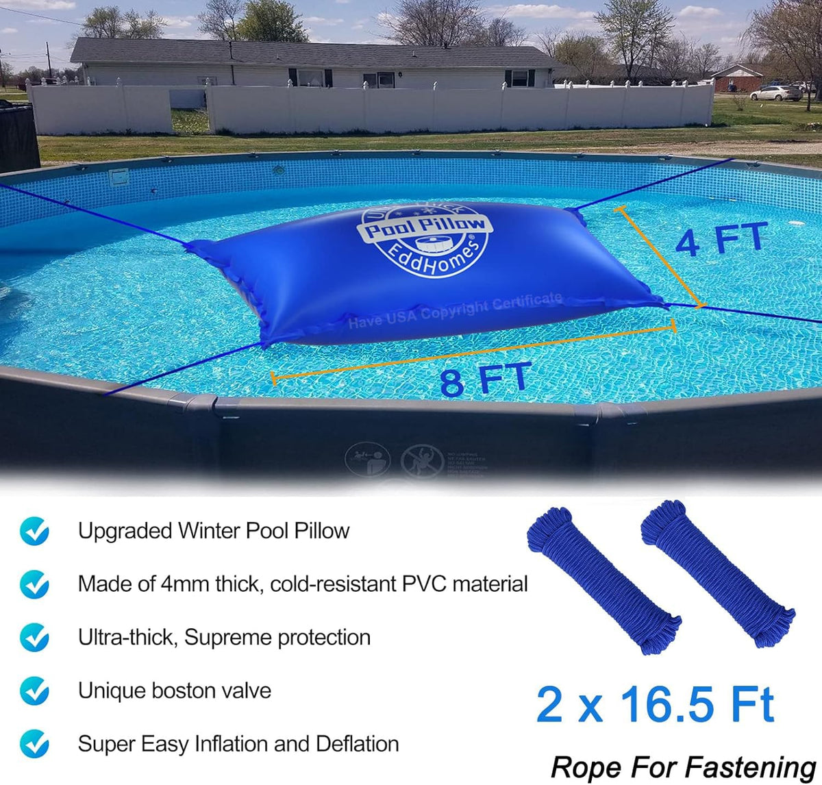 4x8ft Pool Pillow for Above Ground Pools, 0.5mm Extra Thick & Strong Cold-Resistant Poo l Pillows for Closing Winter, Pool Pillow 4x8' for Winterizing to Last All Season(Durable/with 33ft Rope) 🍁 All In One Marketplace Canada