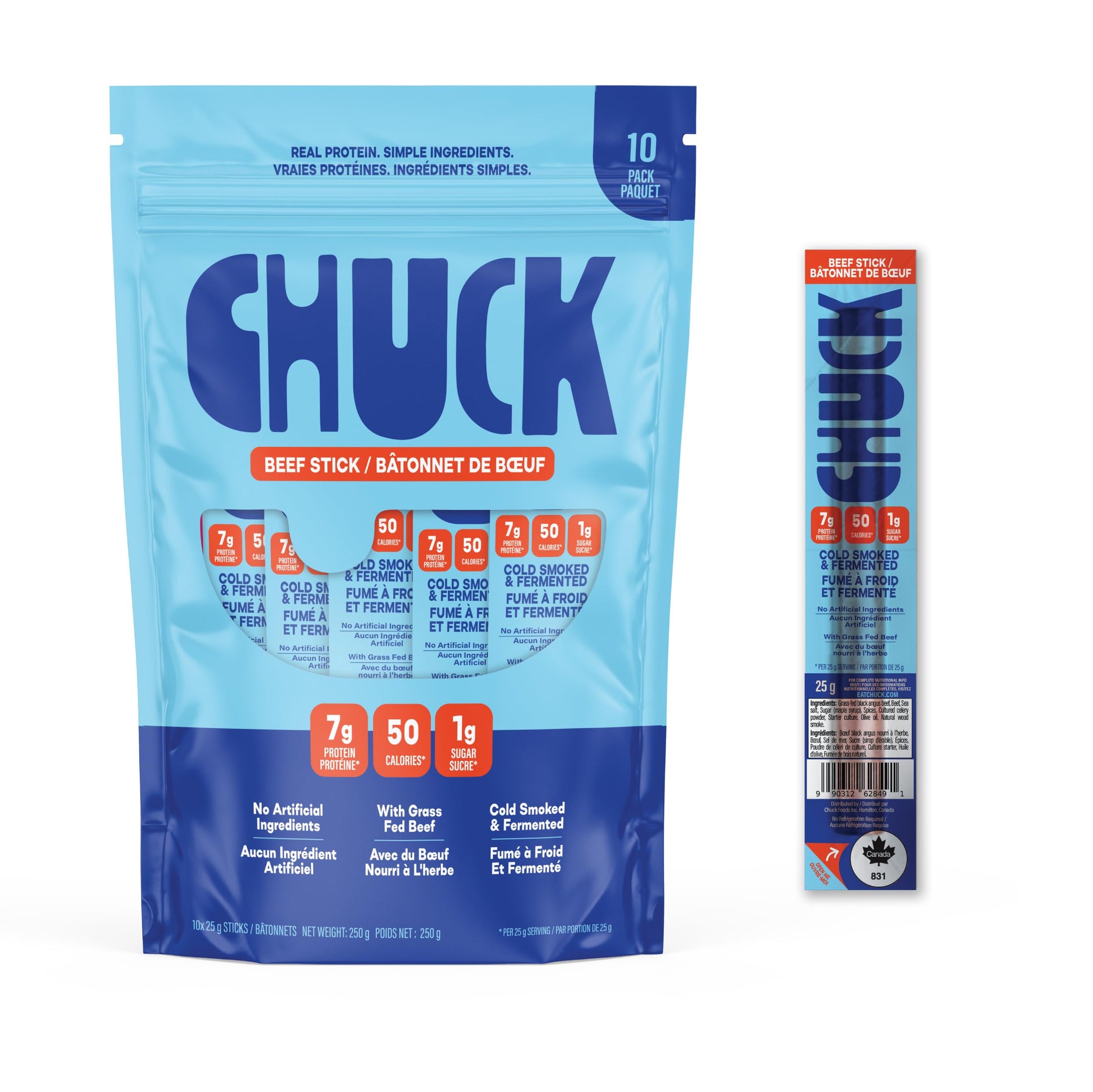 CHUCK Grass-Fed Beef Sticks - Family-Friendly Snack - 7g Protein Per Stick, Keto & Paleo, Gluten-Free, Low Sugar, Canadian Made, Non-GMO - 10 Pack