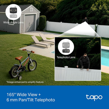 Tapo 2K Dual Lens 360° Pan/Tilt Security Battery Camera Wireless w/Solar Panel, 165° Wide View + 6mm Telephoto, Free Person/Vehicle Detection, SD/Cloud Storage, Works w/Alexa & Google (Tapo C645D KIT)