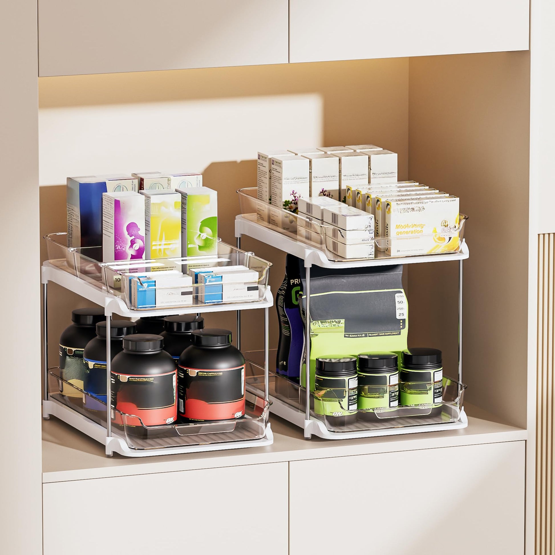 Delamu 2-Tier Multi-Purpose Bathroom Under Sink Organizers and Storage, Stackable Kitchen Pantry Organization, Pull Out Medicine Cabinet Organizer with Movable Dividers, White, 2 Pack - Available at All In One Marketplace Canada