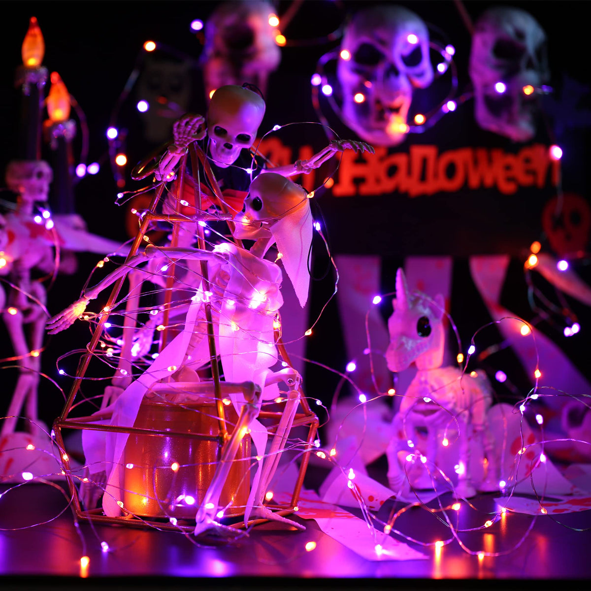 Lyhope Orange Purple Halloween Lights, 2 Pack 33ft 100 Led Battery Halloween Lights, Waterproof 8 Modes with Remote Copper Wire String Lights for Halloween Holiday Party Carnival Graveyard Decorations 🍁 All In One Marketplace Canada