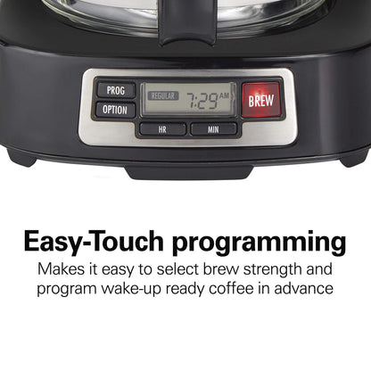 Hamilton Beach 5 Cup Compact Programmable Coffee Maker, FrontFill Water Reservoir, Small Drip Coffee Maker with Glass Carafe, Auto Pause & Pour, Space-Saving Design, Black & Stainless Steel (46111)