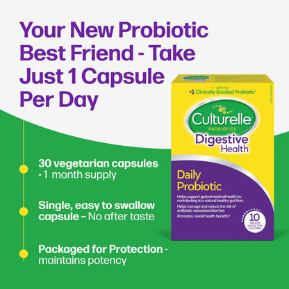 Culturelle Daily Digestive Health Daily Probiotic for Men and Women | With 100% Naturally Sourced Lactobacillus GG Strain †††††† | Pharmacist Recommended ††††† | Gluten Free and Vegan | 30 Count Capsules Culturelle
