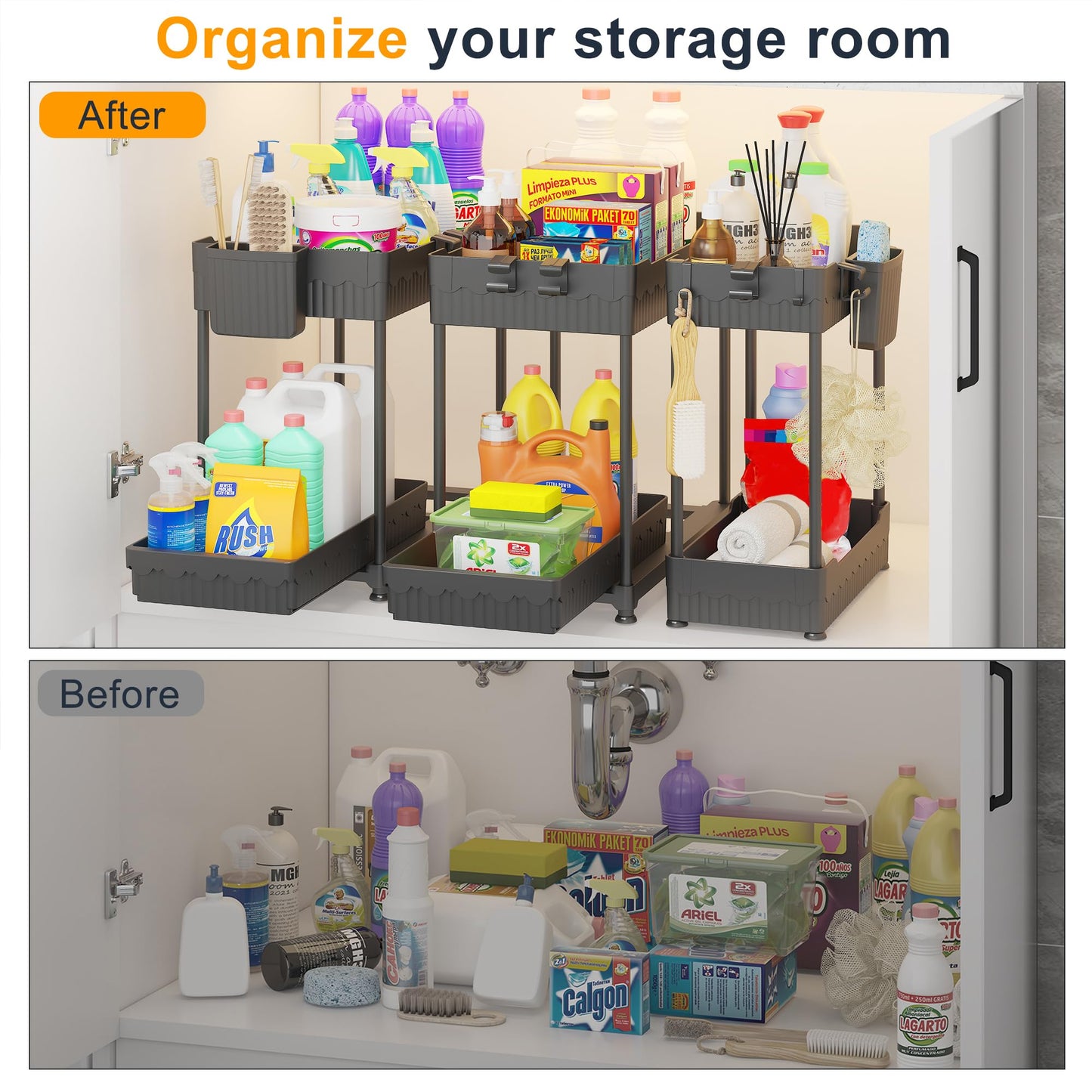 Sevenblue Under Sink Organizer 3 Pack, Bathroom Organizers, 2 Tier Multi-Use kitchen Organizers and Storage with Sliding Drawer, Hang Hooks and Cups, (Black) - Available at All In One Marketplace Canada