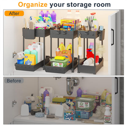 Sevenblue Under Sink Organizer 3 Pack, Bathroom Organizers, 2 Tier Multi-Use kitchen Organizers and Storage with Sliding Drawer, Hang Hooks and Cups, (Black) - Available at All In One Marketplace Canada