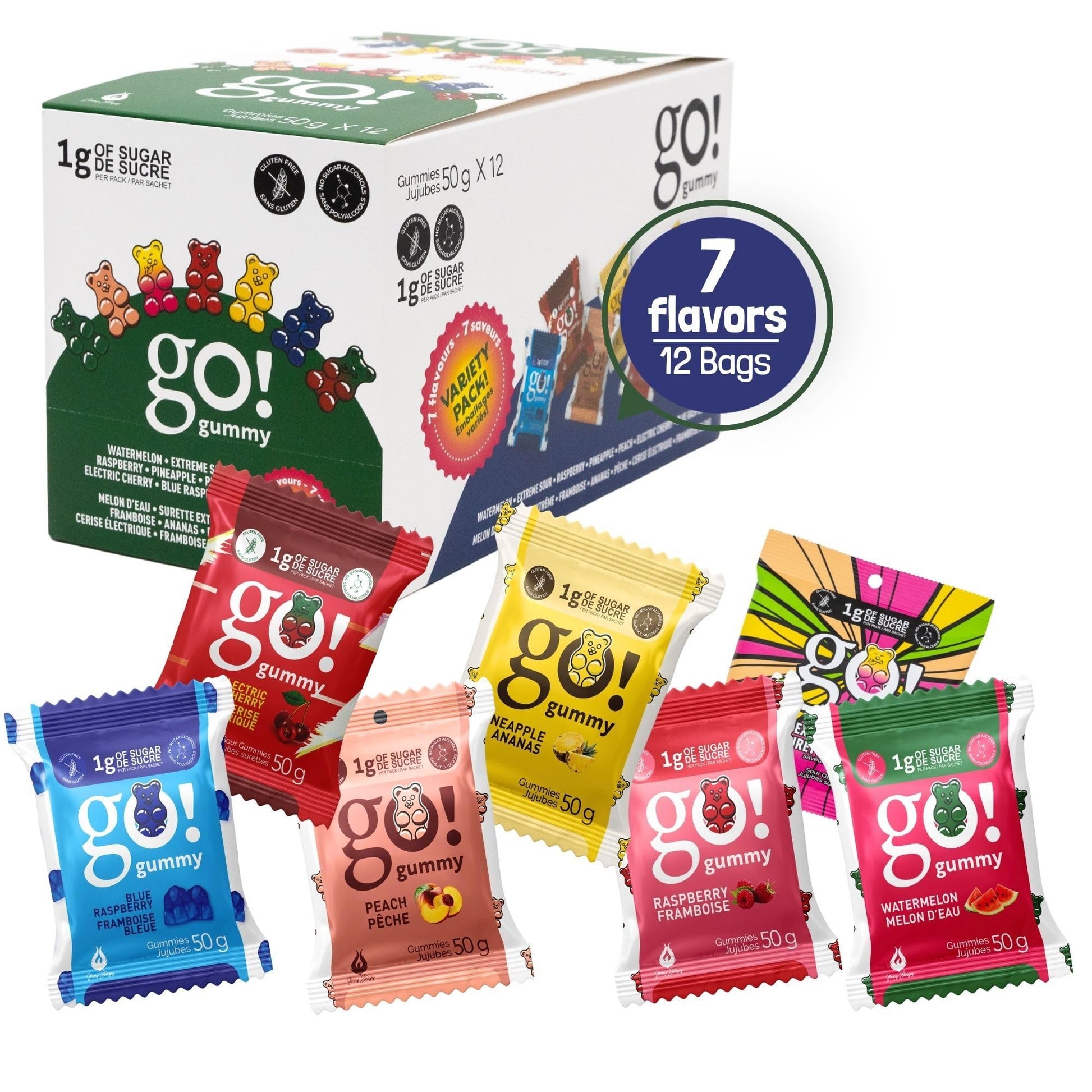 Jimmy Sevigny GoGummy Low Sugar Gummy Bears - 7 Flavor Variety Pack, High Fiber, Gluten-Free (12 x 50g Bags)
