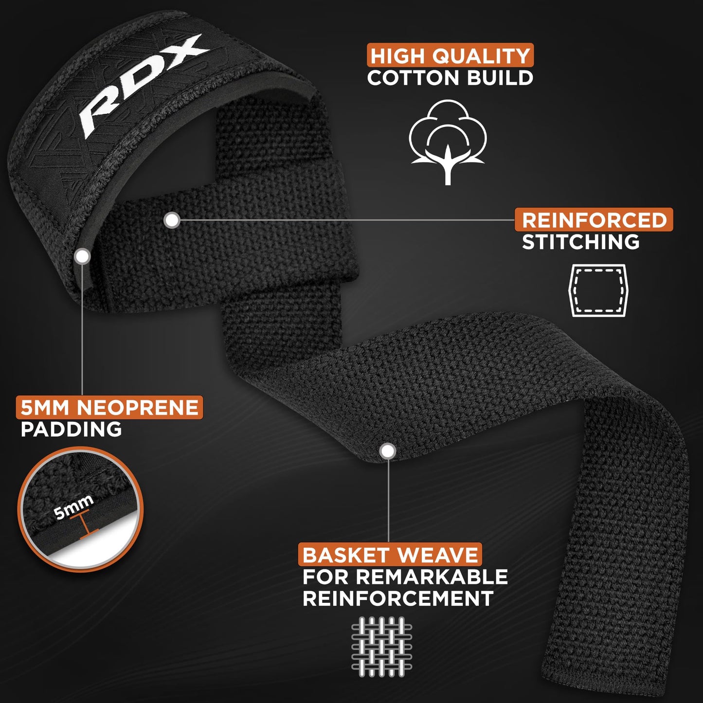 RDX Lifting Straps for Weightlifting –100% Cotton Heavy Duty Gym Wrist Strap with 5MM Neoprene Padding, 60CM Anti-Slip Hand Grip Wraps for Deadlifts Powerlifting Workouts Strength Training, Men Women