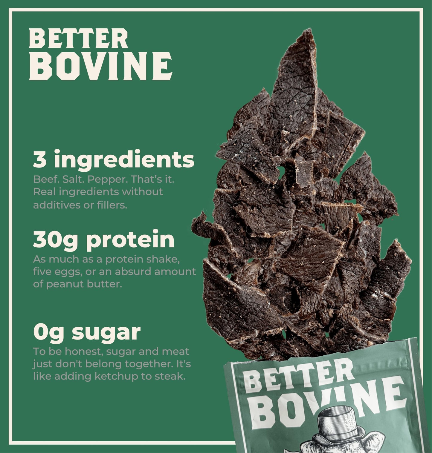 Better Bovine Grass Fed Extra Lean Beef Jerky – Salt and Pepper, 5 Pack (30g Protein, 0g Carbs, Keto & Paleo Friendly)