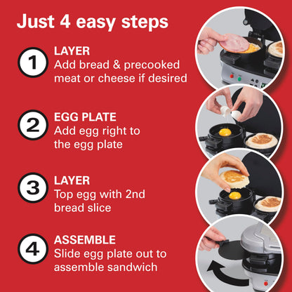 Hamilton Beach Dual Breakfast Sandwich Maker with Audible Timer, Ready in 5 Minutes, Removable Dishwasher Safe PFAS-Free Non-Stick Egg Cooker Ring, Silver (25490MNC) Hamilton Beach